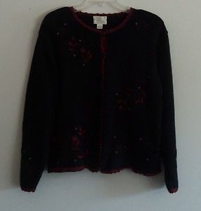 Christopher Banks M L Black Red Ramie Cotton Cardigan Sweater