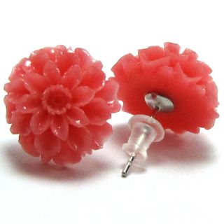 15mm coral carved chrysanthemum flower earring pair pink J16433