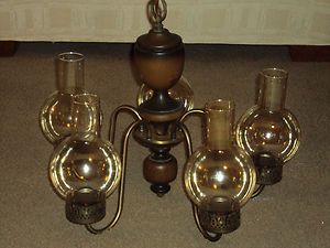 Vintage Hanging Swag 5 Light Lamp Wood Brass Patina Amber Hurricane 