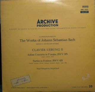 Ralph Kirkpatrick Bach Clavier Uebung II LP Arc 3155