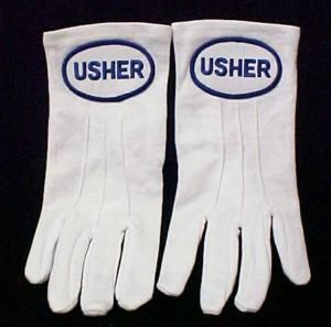 Usher White Nylon Knit Church Gloves Blue Embroidery