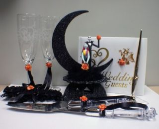 Nightmare Before Christmas Halloween Wedding Cake Topper Lot Glasses 