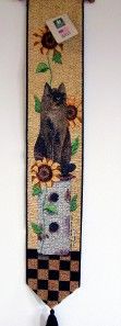 Bell Pull Tapestry Cat Sunflower 36 w Wood Dowel Top Wall Hanging USA 