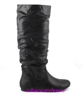 Cutie Chic Slouch Comfy Flat Knee Boots Black Leatherette