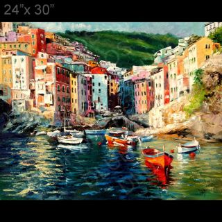 ITALY CINQUE TERRE RIOMAGGIORE SEA Huge Original MODERN Oil Painting