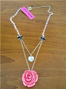 Auth Betsey Johnson Rose Garden and Crystal Heart Double Chain