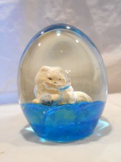 Joe St Clair Glass Blue Sulphide Cat Paperweight