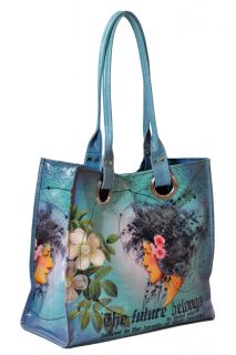  Blue Future Beauty Watercolor Luxe Oil Cloth Vegan Tote Handbag Purse
