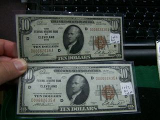 1929 $10 National Currency Cleveland Ohio RARE Consecutive Notes Two