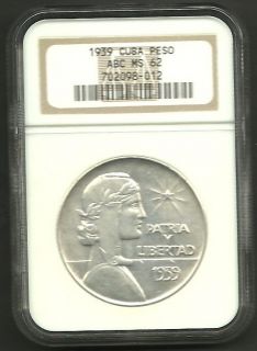  Cuba 1939 ABC Silver Peso Certified NGC MS 62