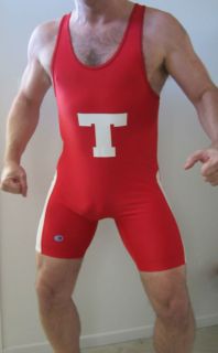 CLIFF KEEN Mens T Wrestling Singlet RED Nylon Lycra with WHITE T Size