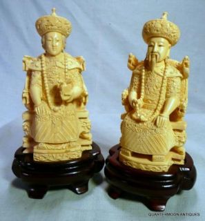Pair Chinese Carved Ox Bone Emperor / Empress Figures, Signed