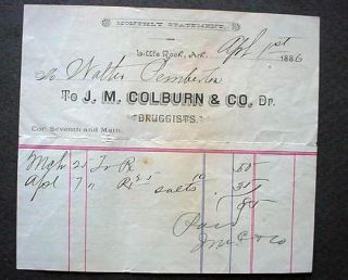 1886 Little Rock Arkansas Colburn Druggists Drug Store Receipt