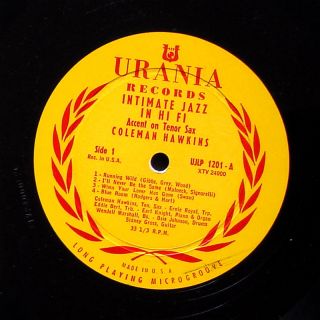 Coleman Hawkins Accent on Tenor Sax LP Urania Ujlp 1201 Orig US 1955
