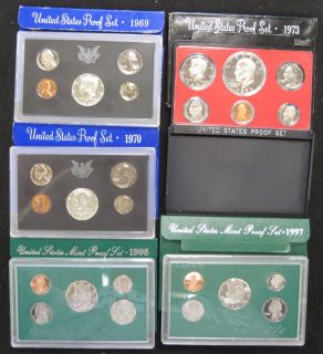 LOT OF (5) COMPLETE U.S. MINT PROOF COIN SETS IN OGP! 1969, 70, 73, 95