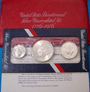 1776 1976 BICENTENNIAL 3 COIN SILVER UNCIRCULATED SET W ORIGINAL GOVT
