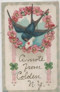  Large Letter Blue Bird Pansies Greeting Colden NY Postcard