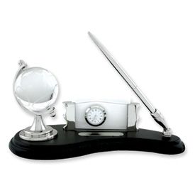 New Black Finish Crystal Globe Pen Clock and Card Stand