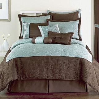 10P Queen Blue Brown Classic Comforter Set Pretty New