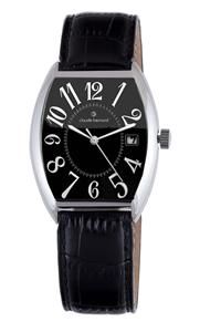 Claude Bernard Mens Tonneau Black Dial Leather Date Wrist Watch 70119
