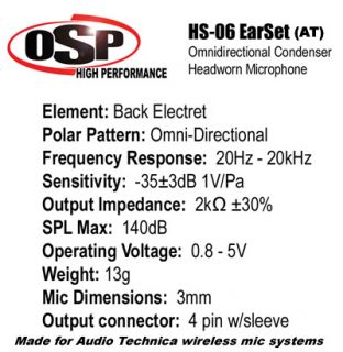 OSP HS 06 Earset Slimline Wireless Mic w/Audio Technica Plug
