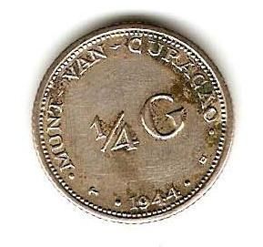 1944 NETHERLANDS CURACAO SILVER Coin 1/4 GULDEN WWII , KM# 44 *