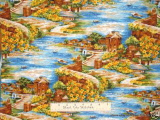 Clearwater Asian Cotton Fabric Houses Boats Village Yd