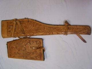 Vintage 2 Piece Leather Rifle Shot Gun Case Hand Tooled