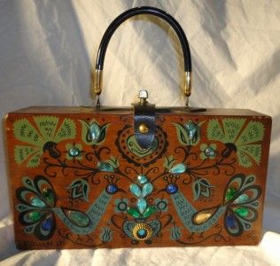 Enid Collins Pavan II Dark Wood Bejeweled Peacocks Handbag Box Bag
