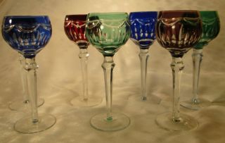  of 7 Beautiful Bohemian Colored Cut Glass Wine Goblets Crystal