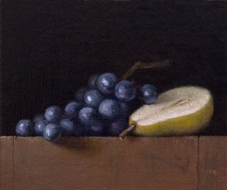 Still Life with Pear Half and Concord Grapes Painting by Abbey Ryan