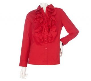 Dennis Basso Stretch Button Front Ruffle Blouse —
