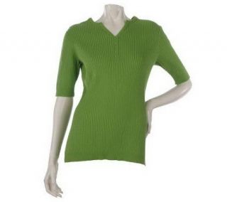 Denim & Co. Essentials Elbow Sleeve Ribbed Henley Sweater —