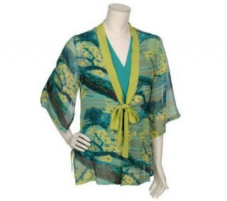 Bob Mackies Kyoto Moon Printed Silk Kimono Twinset —