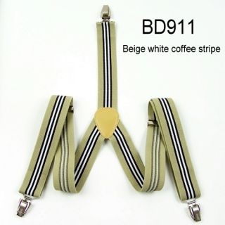   Adjustable Clip on beige white coffee stripe suspenders braces BD911