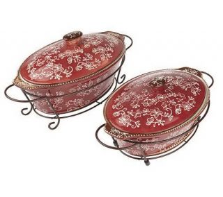 Temp tations Floral Lace Set of 2 Oval Covered Bakers with Racks