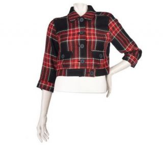 Motto Plaid Button Front Cropped Bomber Jacket —
