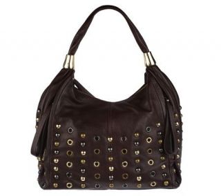 Makowsky Glove Leather Zip Top Hobo Bag with Stud Detail —