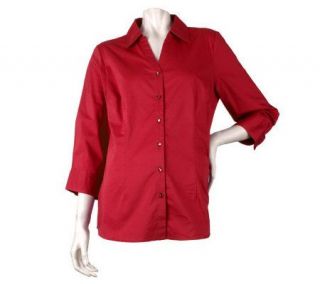 Denim & Co. Essentials 3/4 Sleeve Stretch Poplin Y neck Shirt