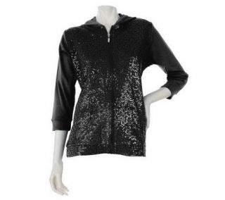 Quacker Factory 3/4 Sleeve Sequin Scroll Knit Jacket with Hood 