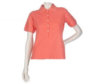 Lilly & Van Stretch Pique Polo with Embroidered Floral Detail