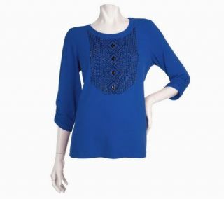 Susan Graver Liquid Knit Beaded Front Ruched Sleeve Top —
