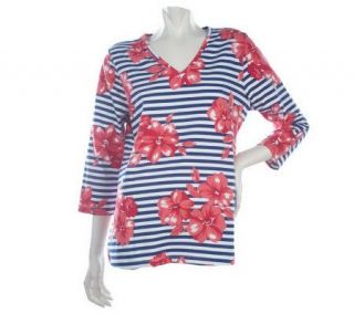 Denim & Co. 3/4 Sleeve V neck Knit Top with Floral & Striped Print