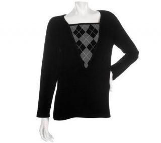 Bob Mackies Long Sleeve Sweater W/ Argyle Inset   A210160