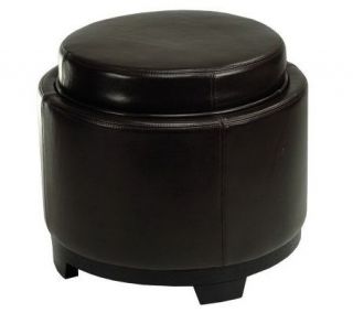 Plush Bicast Leather Round Ottoman with Serving Tray Top —