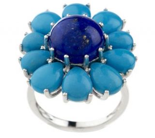 Sterling Turquoise Petal and Lapis Center Flower Ring —