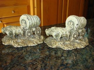 Antique Covered Wagon Oxen Cast Iron Bookends