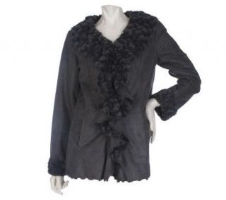 Dennis Basso Faux Suede Ruffle Front Jacket with Faux Fur Lining