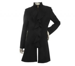 Centigrade Wool Blend Cascade Ruffle Zip Front Coat w/Stand Collar