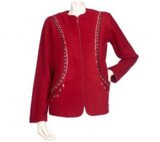 Bob Mackies Embroidered and Studded Zip Front Fleece Jacket